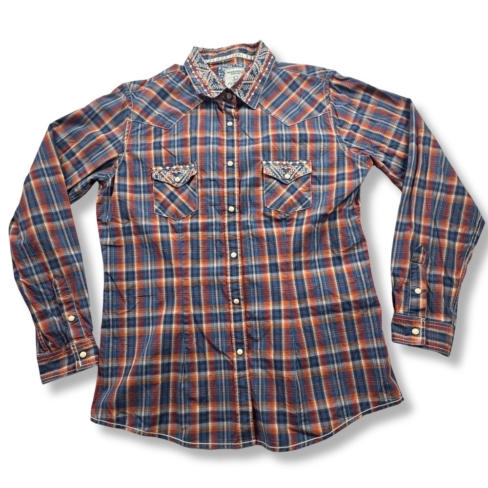 Panhandle Rough Stock Western Shirt Plaid Embroidered Snap Womens Blue Orange L